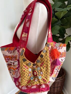 Old Navy Boho Patchwork Tote Bag Embroidered Mirror Tassel Shoulder Bag EUC
